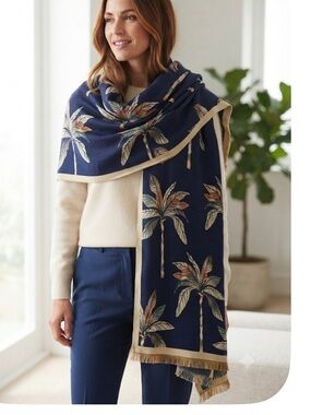 Navy Palm Tree Print Cashmere Blend Scarf
